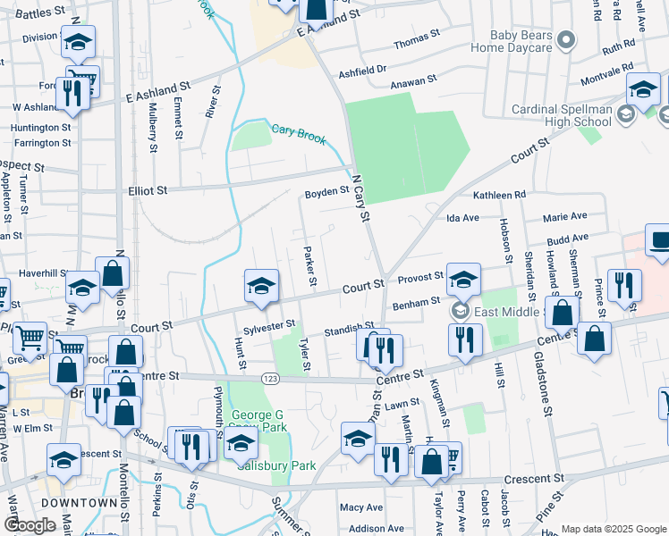 map of restaurants, bars, coffee shops, grocery stores, and more near 340 Court Street in Brockton