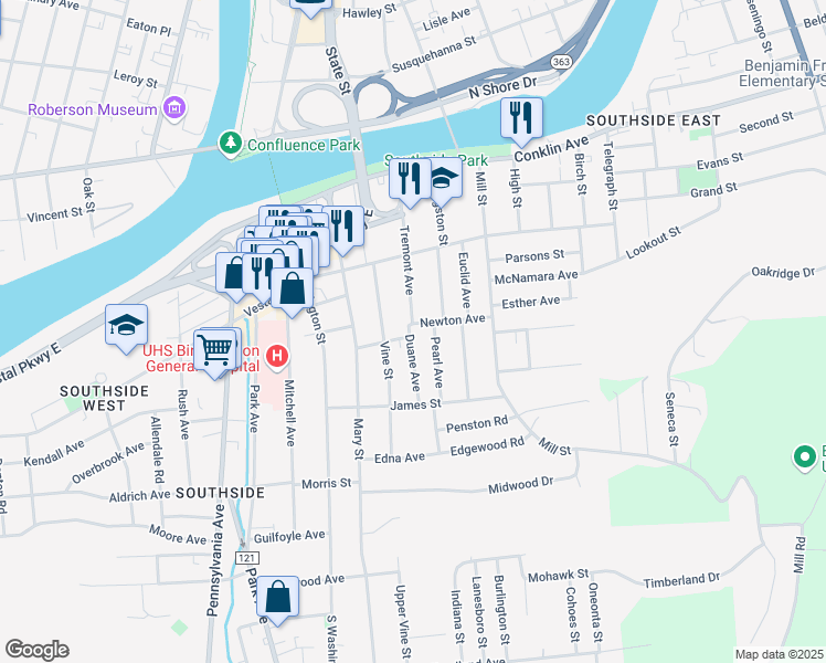 map of restaurants, bars, coffee shops, grocery stores, and more near 49 Tremont Avenue in Binghamton