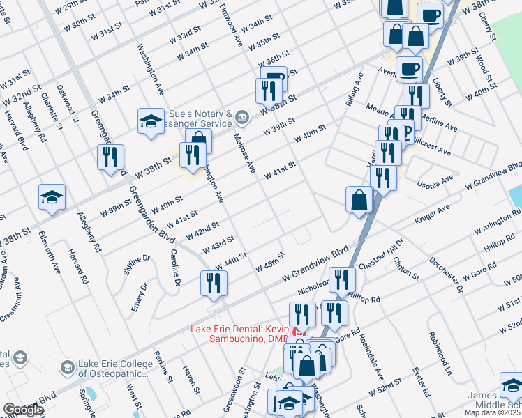 map of restaurants, bars, coffee shops, grocery stores, and more near 1414 W 42nd St in Erie