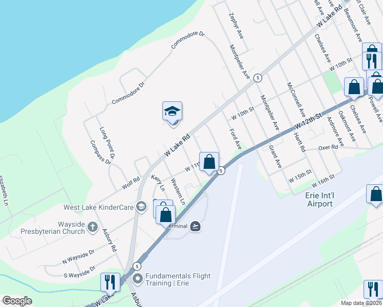 map of restaurants, bars, coffee shops, grocery stores, and more near 4321 West Lake Road in Erie