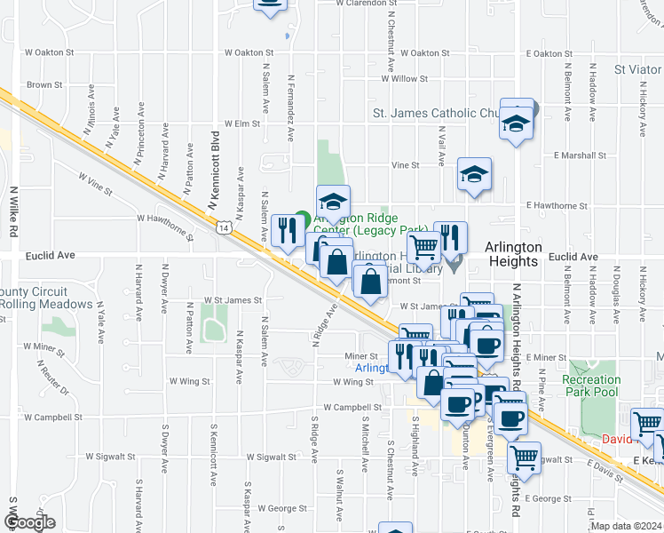 map of restaurants, bars, coffee shops, grocery stores, and more near 609 West Euclid Avenue in Arlington Heights