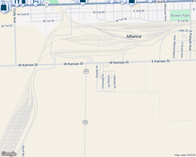 map of restaurants, bars, coffee shops, grocery stores, and more near 527 Johnson Drive in Alliance
