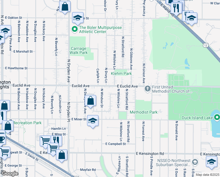 map of restaurants, bars, coffee shops, grocery stores, and more near 604 North Wilshire Lane in Arlington Heights