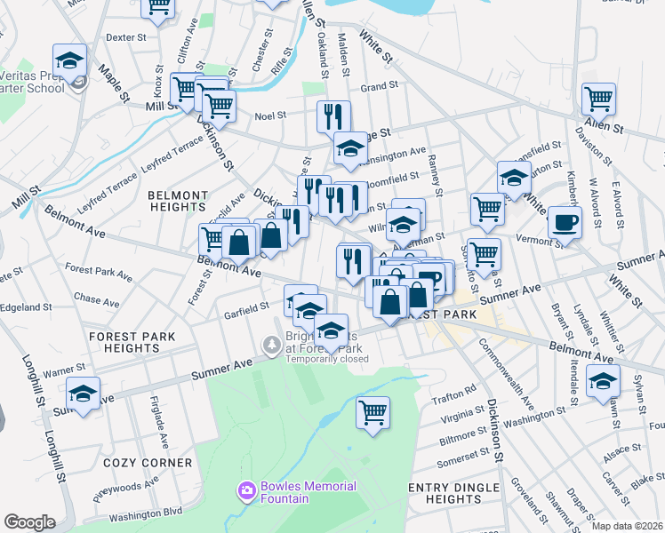map of restaurants, bars, coffee shops, grocery stores, and more near 52 Kenwood Park in Springfield