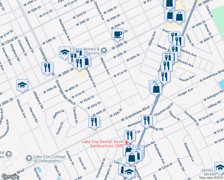 map of restaurants, bars, coffee shops, grocery stores, and more near 1414 W 42nd St in Erie