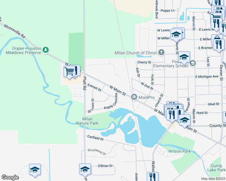 map of restaurants, bars, coffee shops, grocery stores, and more near 411 West Main Street in Milan