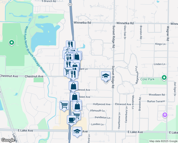 map of restaurants, bars, coffee shops, grocery stores, and more near 1438 Pleasant Lane in Glenview