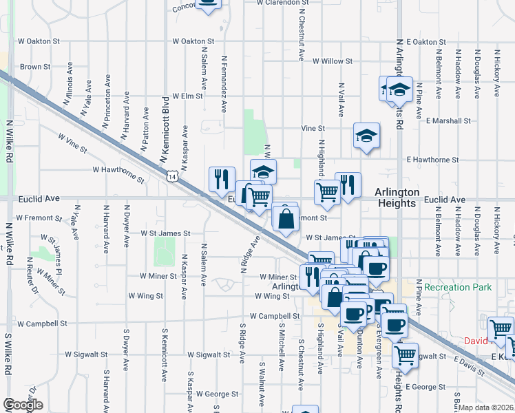 map of restaurants, bars, coffee shops, grocery stores, and more near 609 West Euclid Avenue in Arlington Heights