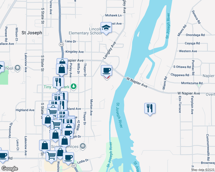 map of restaurants, bars, coffee shops, grocery stores, and more near 1234 Napier Avenue in St. Joseph