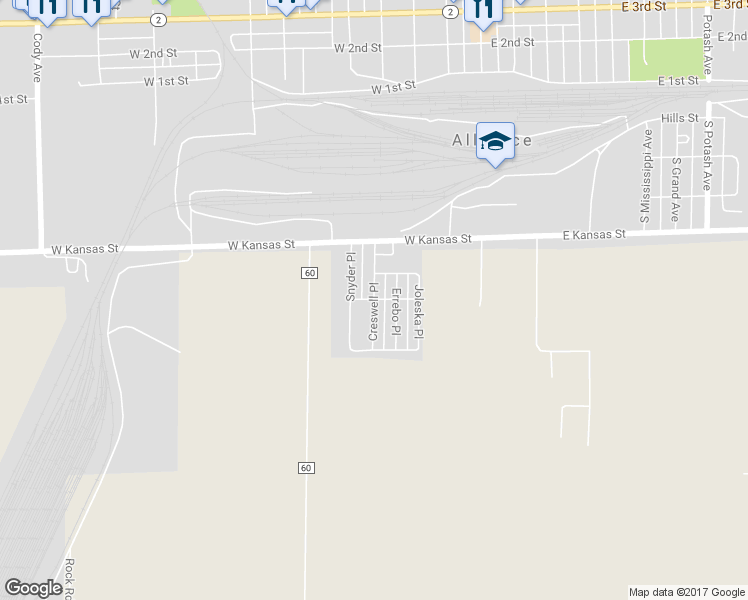 map of restaurants, bars, coffee shops, grocery stores, and more near 527 Johnson Drive in Alliance