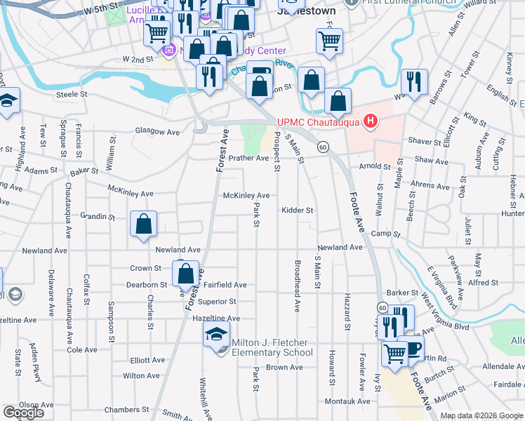 map of restaurants, bars, coffee shops, grocery stores, and more near 110 Prospect Street in Jamestown