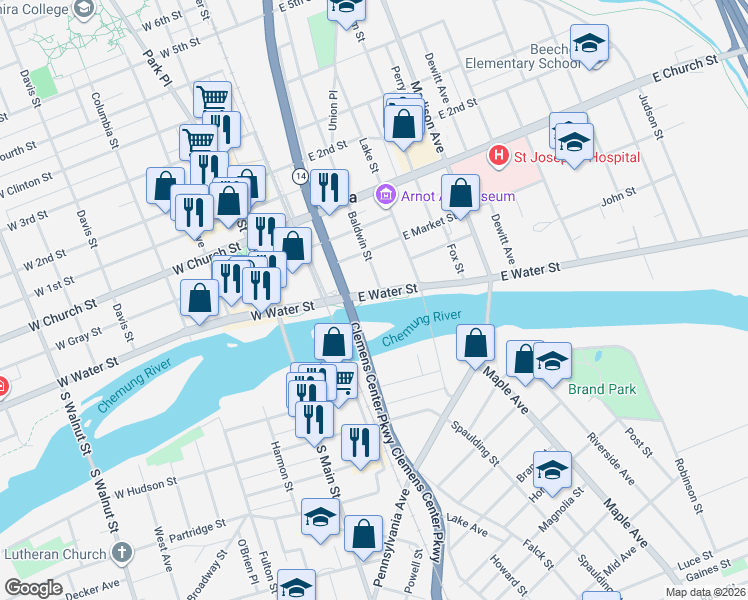map of restaurants, bars, coffee shops, grocery stores, and more near 1 Chemung Canal Plaza in Elmira