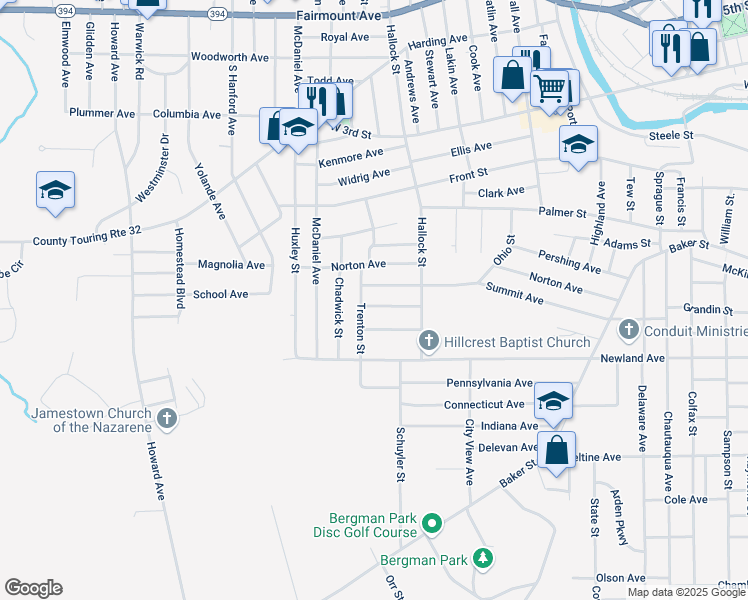 map of restaurants, bars, coffee shops, grocery stores, and more near 340 Summit Avenue in Jamestown