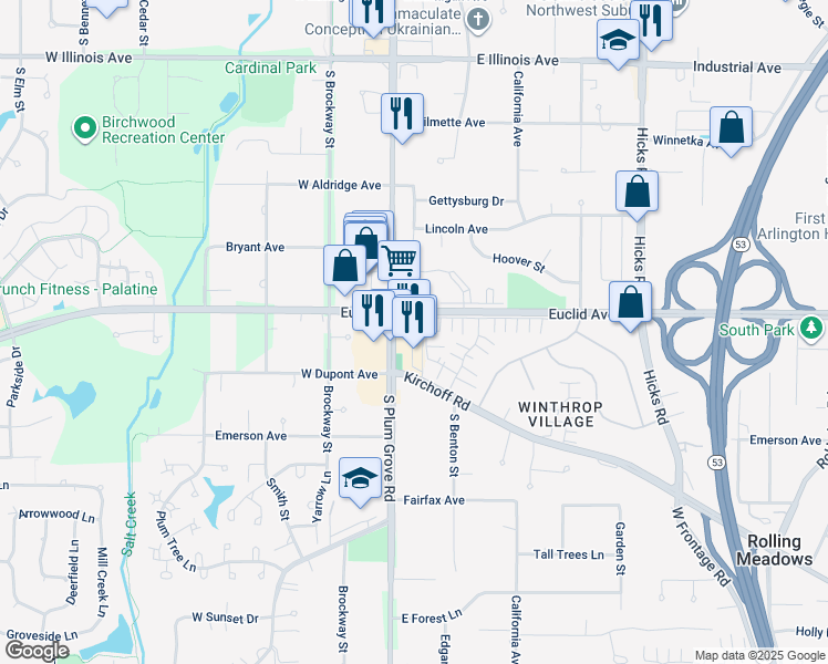 map of restaurants, bars, coffee shops, grocery stores, and more near 2122 Plum Grove Road in Rolling Meadows