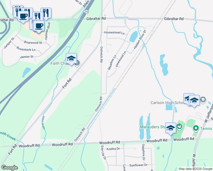 map of restaurants, bars, coffee shops, grocery stores, and more near 29853 Meadow Lane in Gibraltar