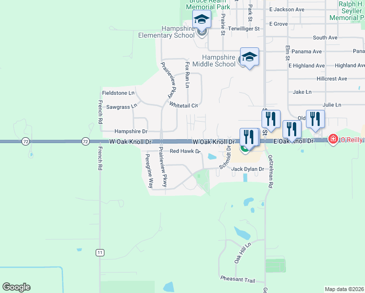 map of restaurants, bars, coffee shops, grocery stores, and more near 621 Hampshire Drive in Hampshire