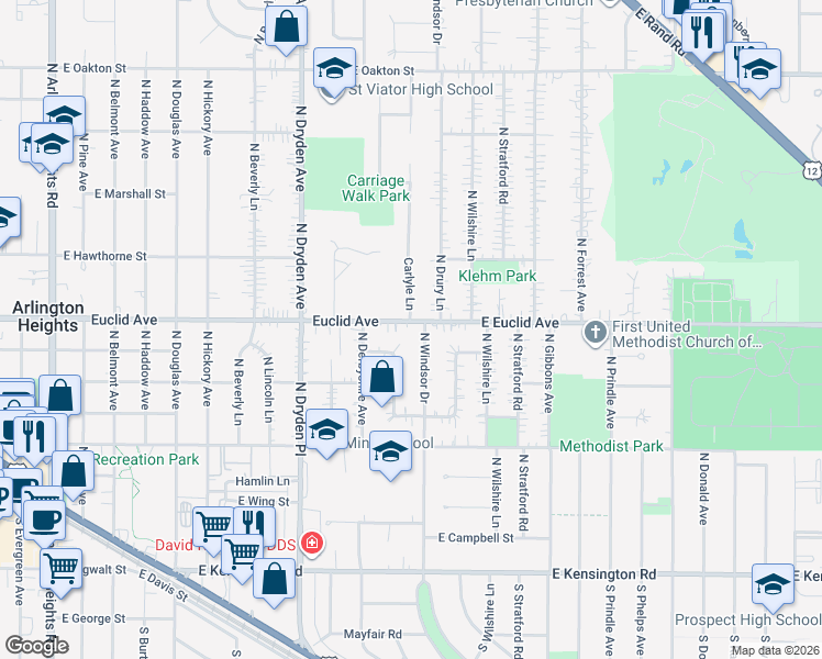 map of restaurants, bars, coffee shops, grocery stores, and more near 603 Carlyle Lane in Arlington Heights