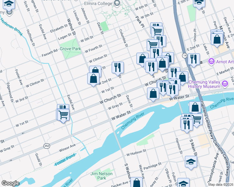map of restaurants, bars, coffee shops, grocery stores, and more near 405 West 1st Street in Elmira