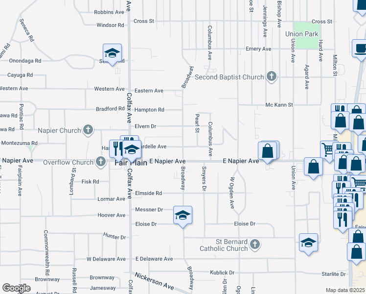 map of restaurants, bars, coffee shops, grocery stores, and more near 1667 Broadway in Benton Harbor