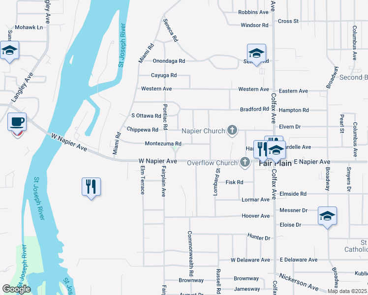 map of restaurants, bars, coffee shops, grocery stores, and more near 444 Montezuma Road in Benton Harbor