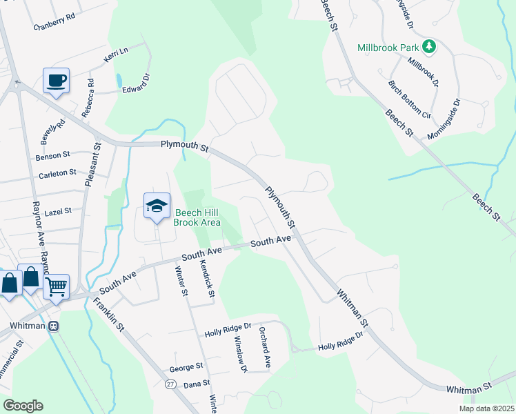 map of restaurants, bars, coffee shops, grocery stores, and more near 160 Plymouth Street in Whitman