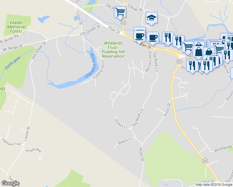map of restaurants, bars, coffee shops, grocery stores, and more near 27 Crow's Nest Lane in Marshfield