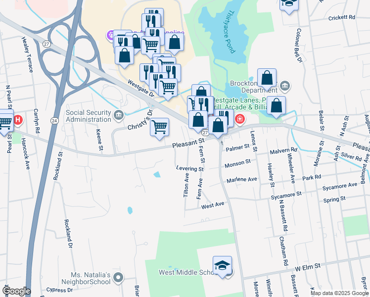 map of restaurants, bars, coffee shops, grocery stores, and more near 703 Pleasant Street in Brockton