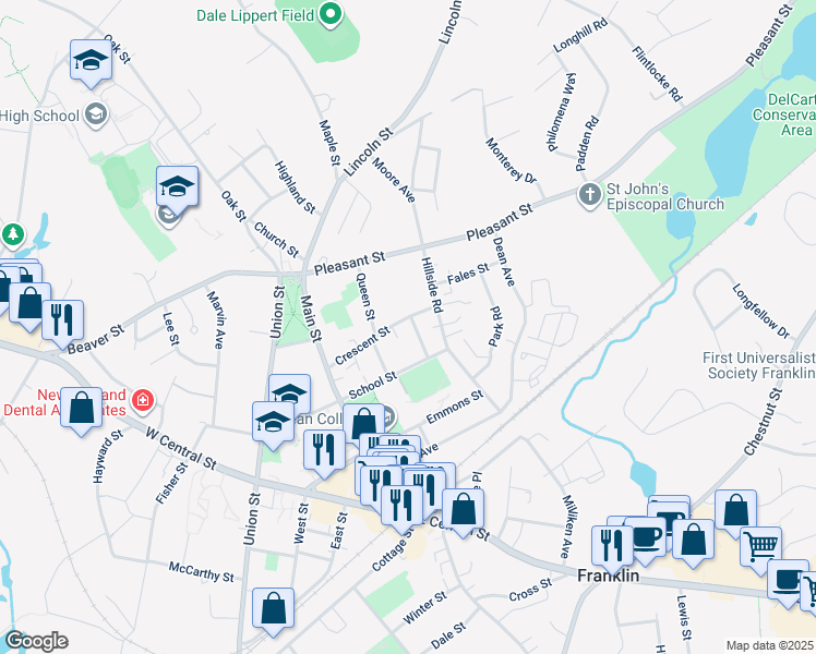 map of restaurants, bars, coffee shops, grocery stores, and more near 19 Crescent Street in Franklin