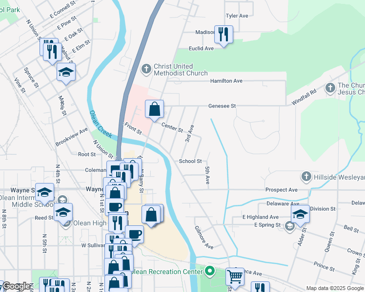 map of restaurants, bars, coffee shops, grocery stores, and more near 438 2nd Avenue in Olean