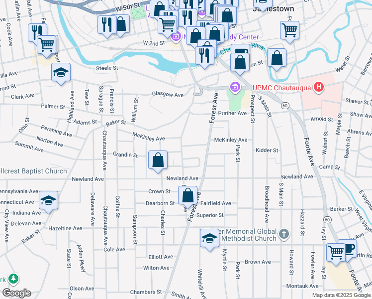 map of restaurants, bars, coffee shops, grocery stores, and more near 108 Barrett Avenue in Jamestown