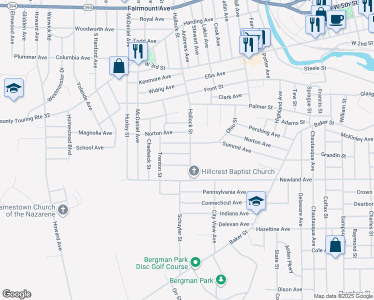 map of restaurants, bars, coffee shops, grocery stores, and more near 230 Summit Avenue in Jamestown