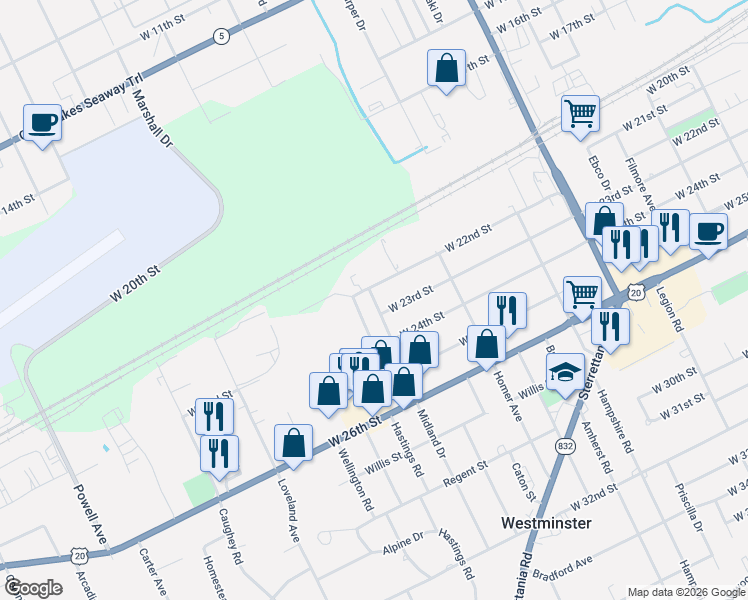map of restaurants, bars, coffee shops, grocery stores, and more near 3239 West 22nd Street in Erie
