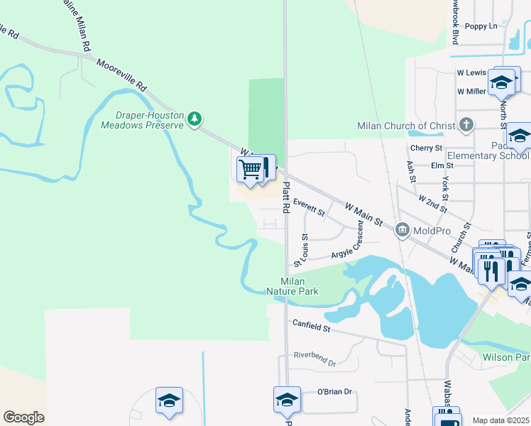 map of restaurants, bars, coffee shops, grocery stores, and more near 572 River pointe Court in Milan