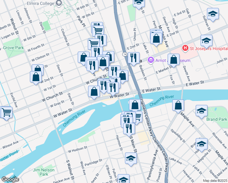 map of restaurants, bars, coffee shops, grocery stores, and more near 150 North Main Street in Elmira