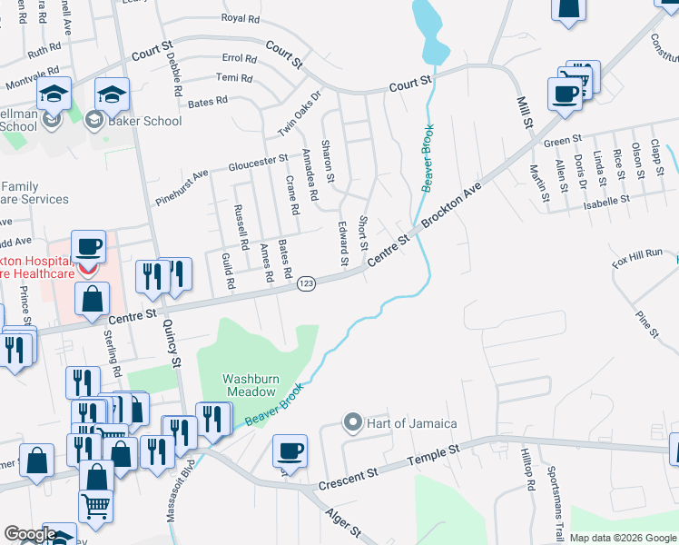 map of restaurants, bars, coffee shops, grocery stores, and more near 14 Edward Street in Brockton