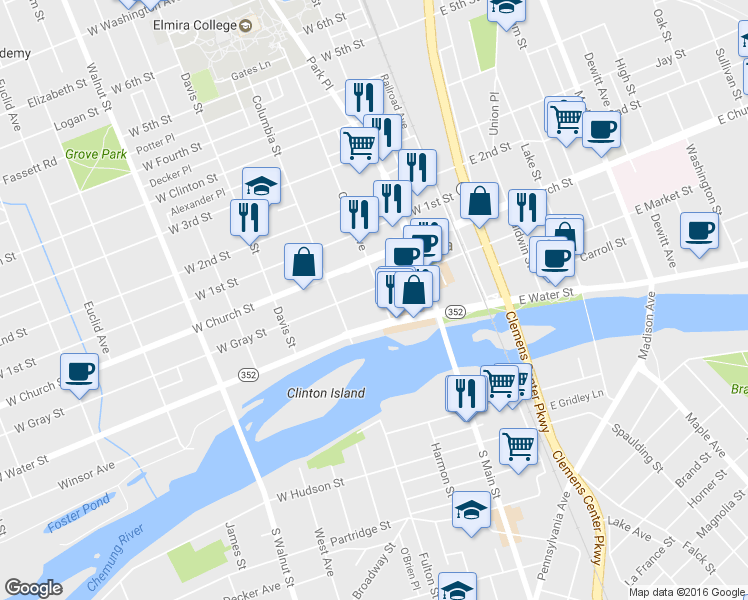 map of restaurants, bars, coffee shops, grocery stores, and more near 115 College Avenue in Elmira