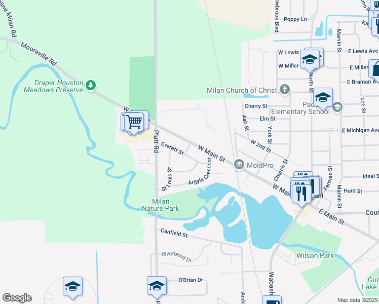 map of restaurants, bars, coffee shops, grocery stores, and more near 411 West Main Street in Milan