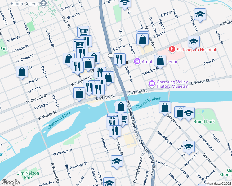 map of restaurants, bars, coffee shops, grocery stores, and more near 104 West Water Street in Elmira