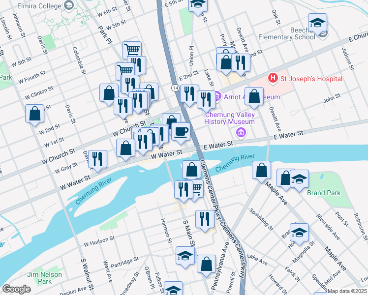 map of restaurants, bars, coffee shops, grocery stores, and more near 104 West Water Street in Elmira