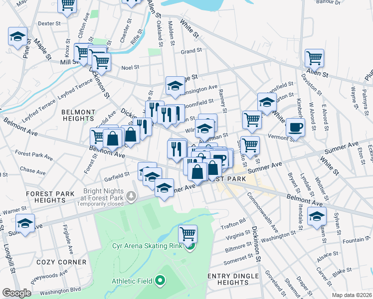 map of restaurants, bars, coffee shops, grocery stores, and more near 104 Beaumont Street in Springfield