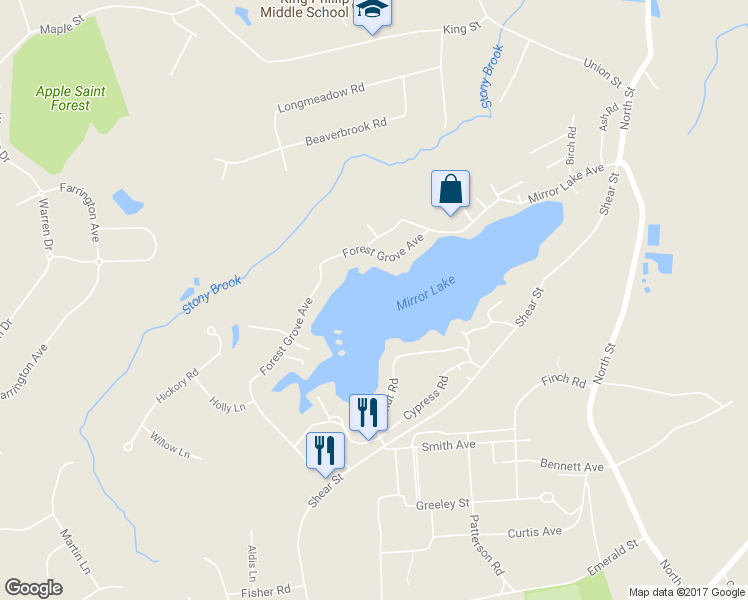 map of restaurants, bars, coffee shops, grocery stores, and more near 3 Mirror Lake Avenue in Wrentham