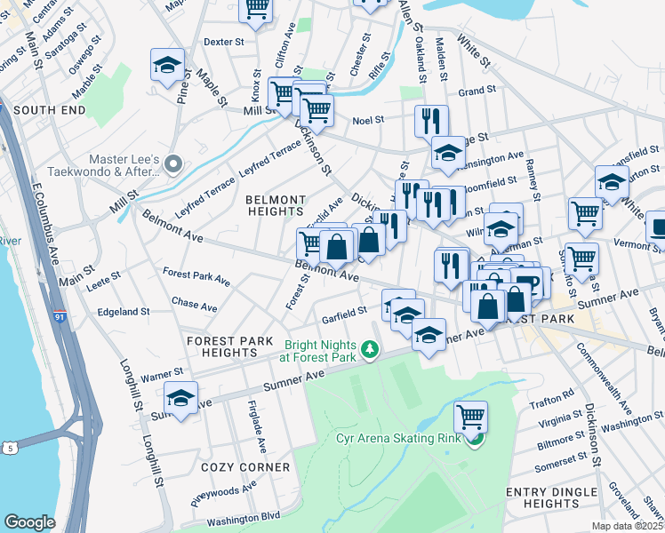 map of restaurants, bars, coffee shops, grocery stores, and more near 283 Belmont Avenue in Springfield