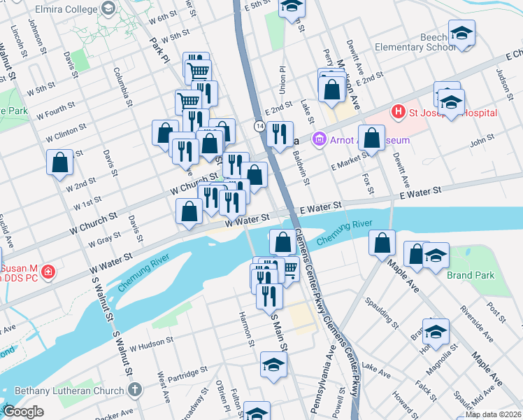 map of restaurants, bars, coffee shops, grocery stores, and more near 100 West Water Street in Elmira