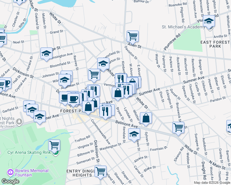 map of restaurants, bars, coffee shops, grocery stores, and more near 37 Converse Street in Springfield