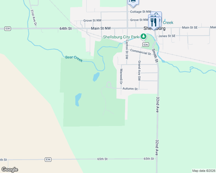map of restaurants, bars, coffee shops, grocery stores, and more near 214 Golfview Court in Shellsburg