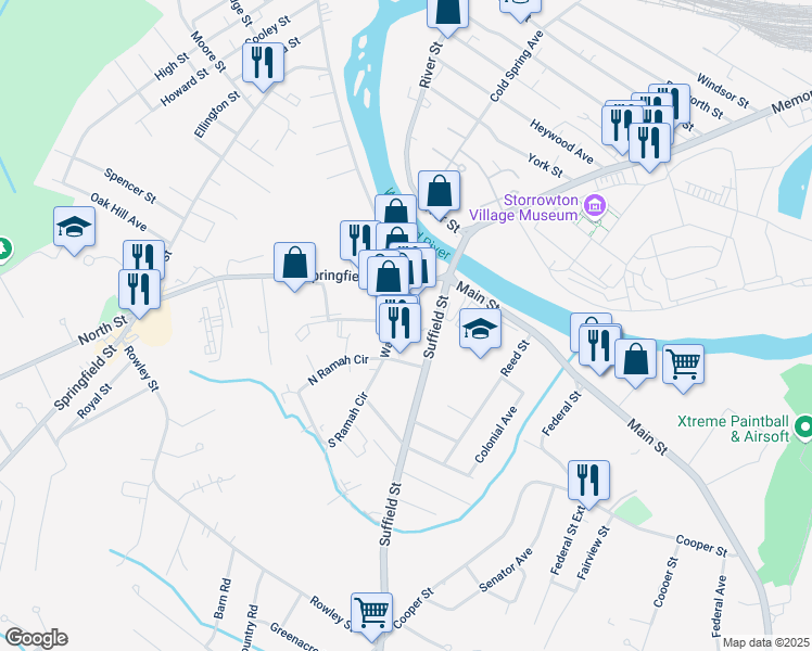map of restaurants, bars, coffee shops, grocery stores, and more near 17 Springfield Street in Agawam