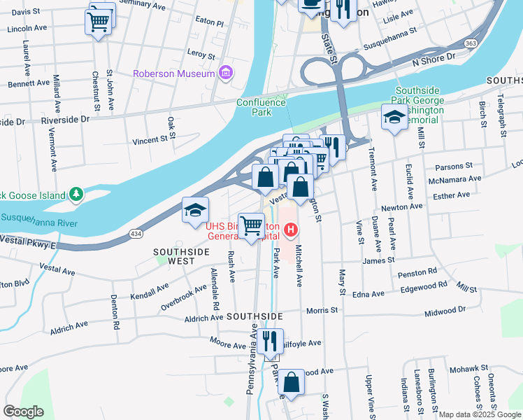 map of restaurants, bars, coffee shops, grocery stores, and more near 33 Pennsylvania Avenue in Binghamton