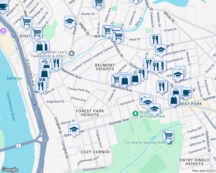 map of restaurants, bars, coffee shops, grocery stores, and more near 228 Belmont Avenue in Springfield