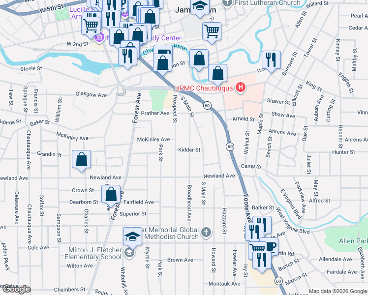map of restaurants, bars, coffee shops, grocery stores, and more near 44 Broadhead Avenue in Jamestown