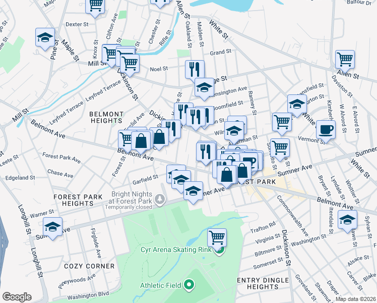 map of restaurants, bars, coffee shops, grocery stores, and more near 52 Kenwood Park in Springfield